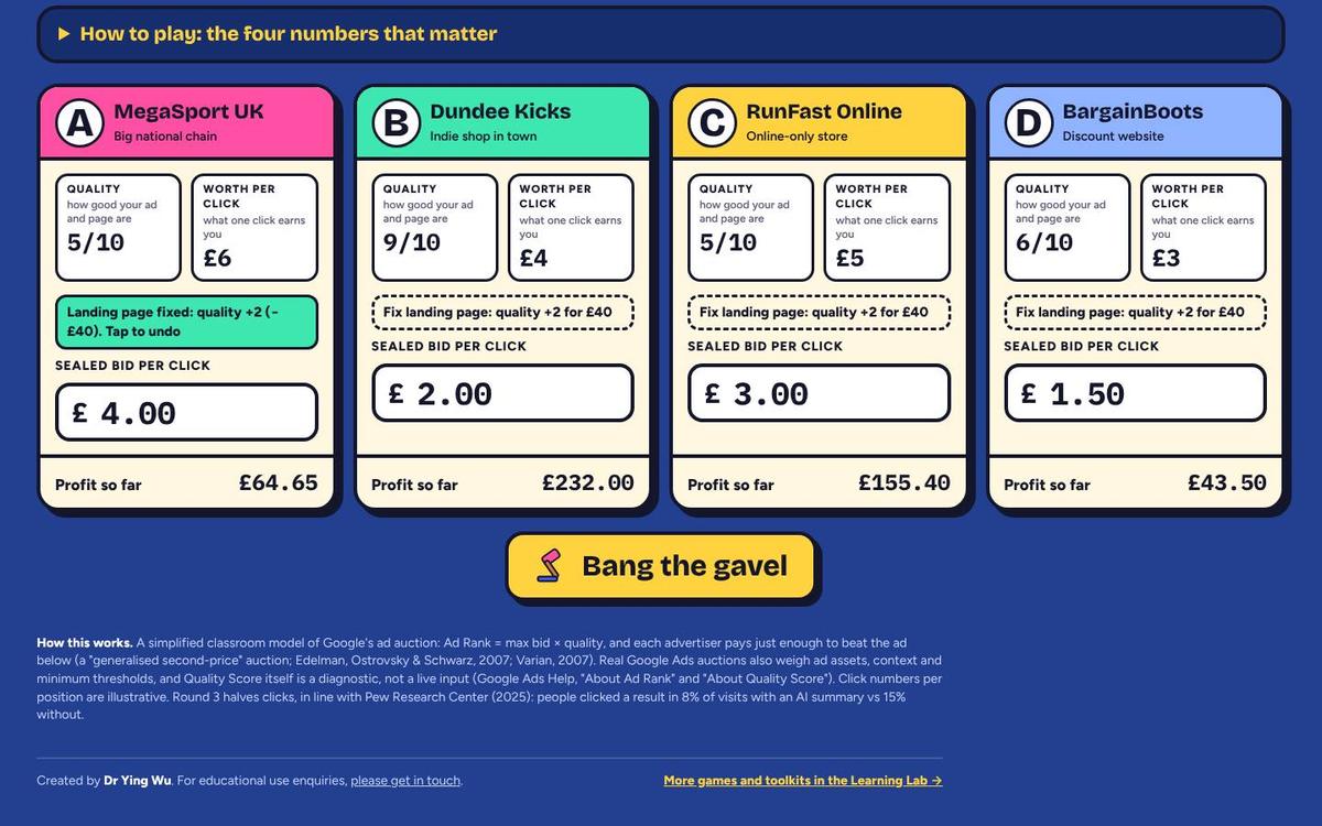 Round 2 shop cards: MegaSport's fix button is green, its quality shows 5/10 and £40 has come off its profit.