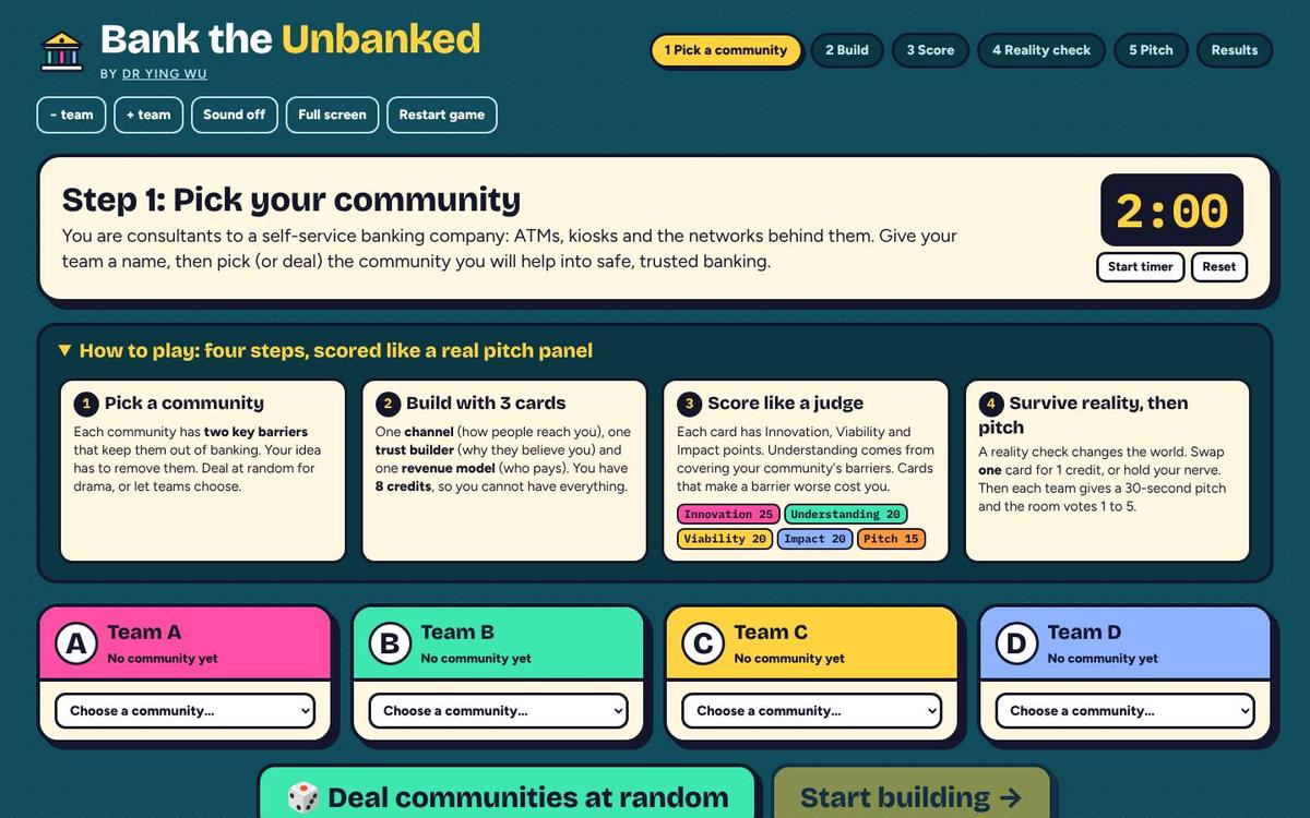 Step 1 screen with team buttons, the how to play panel, four team cards and the Deal communities at random button.
