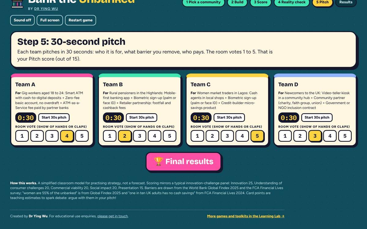 Pitch step: one card per team with a 30-second clock and vote buttons from 1 to 5.