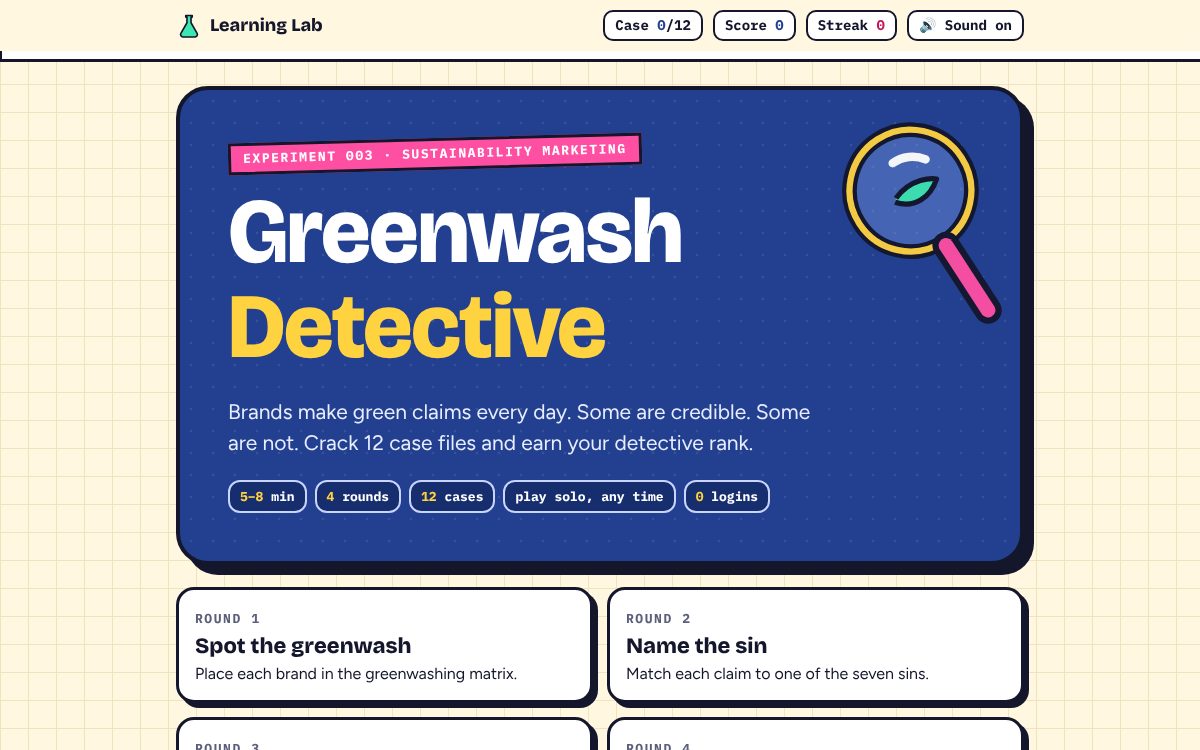 Greenwash Detective start screen with the four rounds and the how-to-play panel.