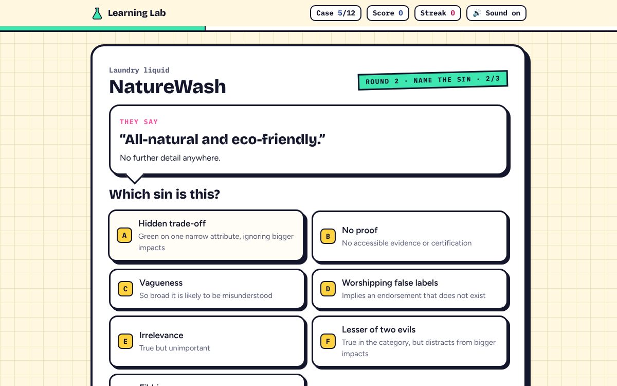 A Round 2 case showing a claim and all seven sins of greenwashing as answer options.