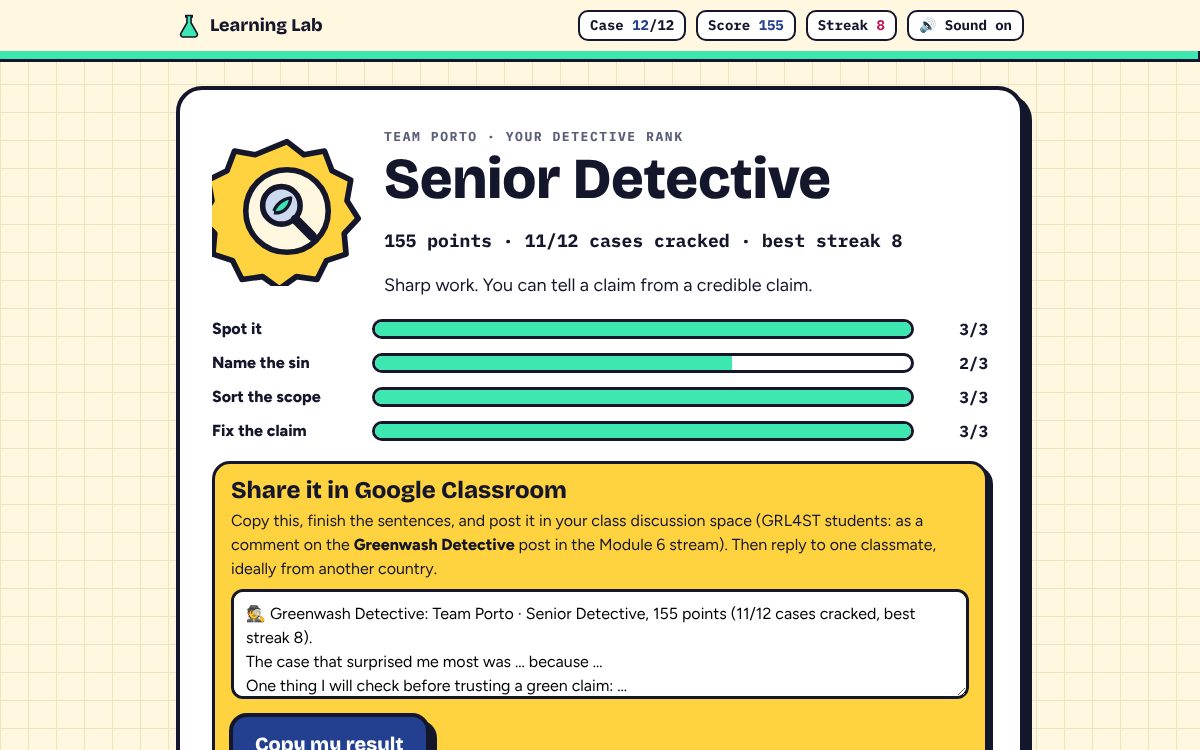 End screen with the detective rank badge, score, per-round bars and the share box.