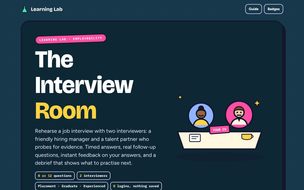 The Interview Room start screen: two interviewers at a desk with a CV, and chips for 8 or 12 questions, 2 interviewers, career stages and no logins.