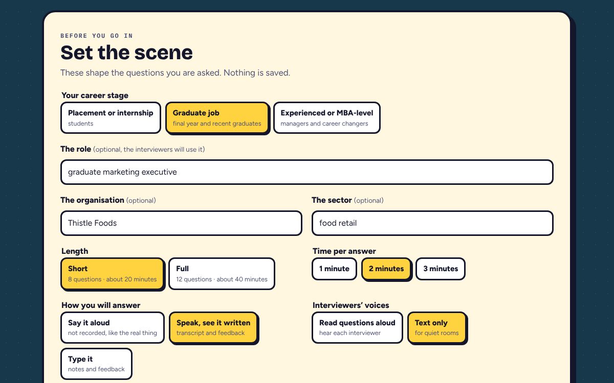 The setup screen with choices for career stage, role, organisation, sector, length, time per answer, how to answer and the interviewers' voices.
