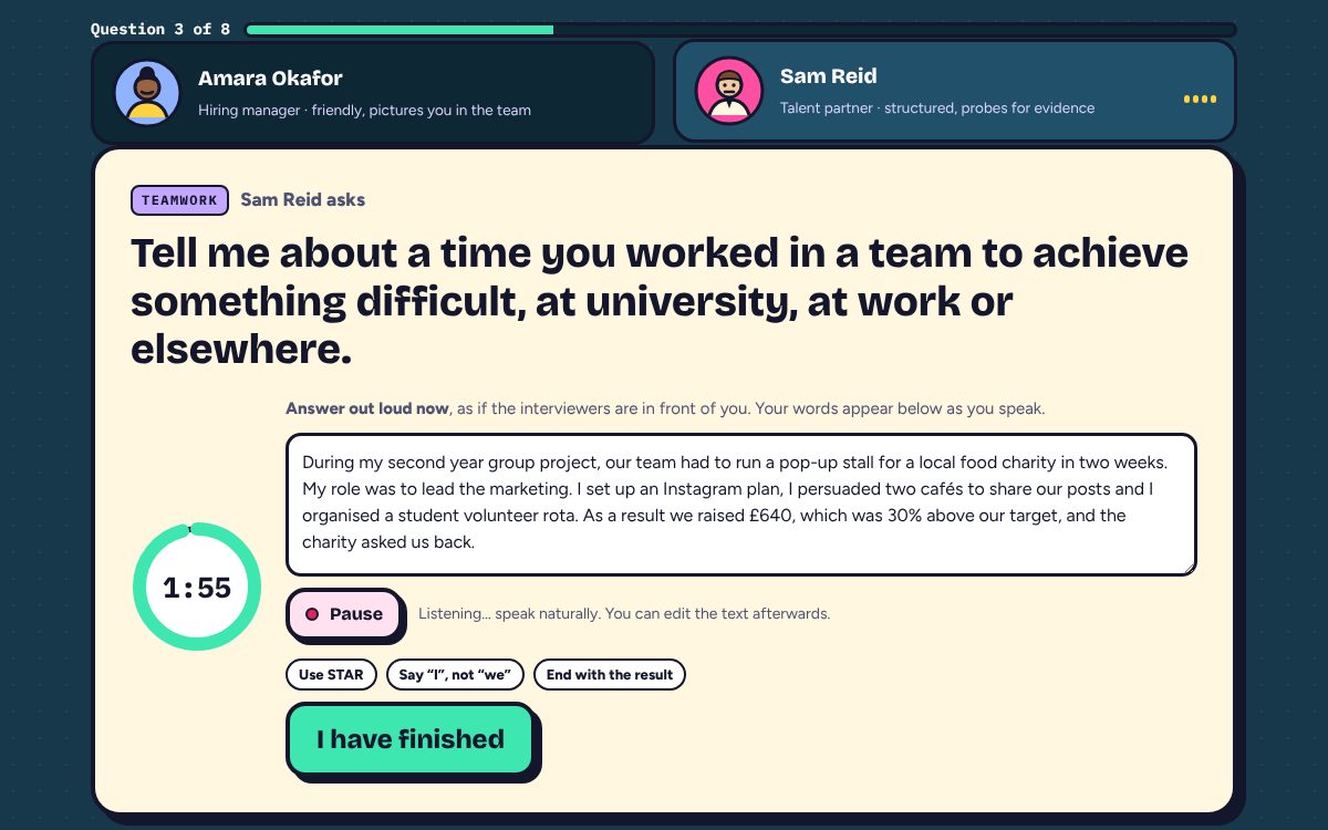 The answer screen: a countdown ring, a live transcript of the spoken answer, a pause button and three tips: use STAR, say I not we, end with the result.