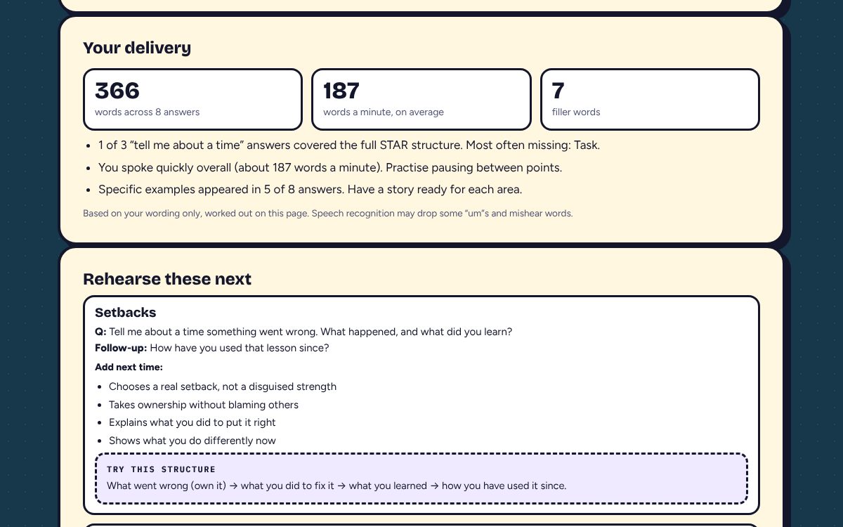 The Your delivery section of the debrief: words, pace and filler words, with tips on STAR, filler words and saying I.