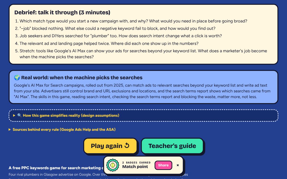 Five debrief questions and a real-world box on AI Max for Search campaigns.