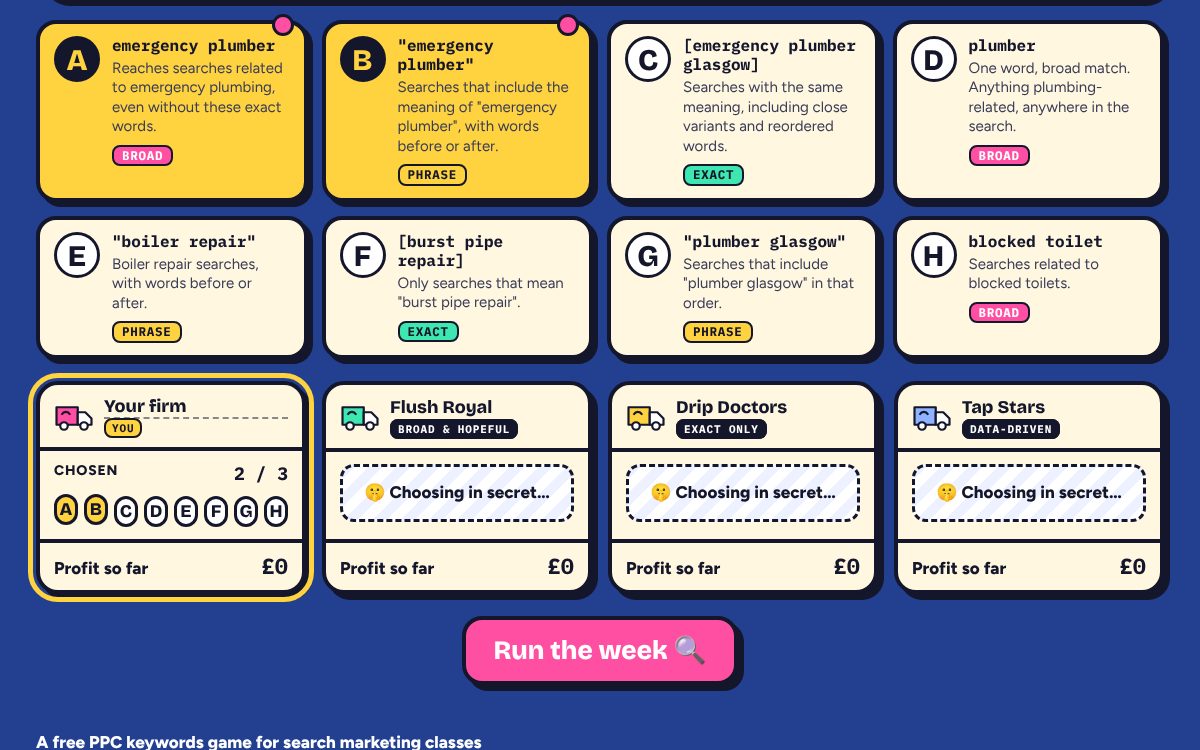 Solo mode: the player taps keyword cards; three rival advertisers choose in secret.