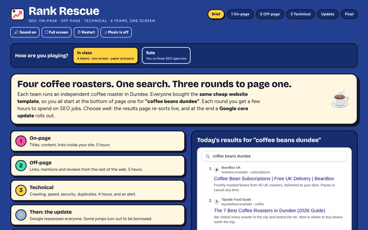 The brief screen: four coffee roasters at positions 7 to 10 on a mock results page for coffee beans dundee.