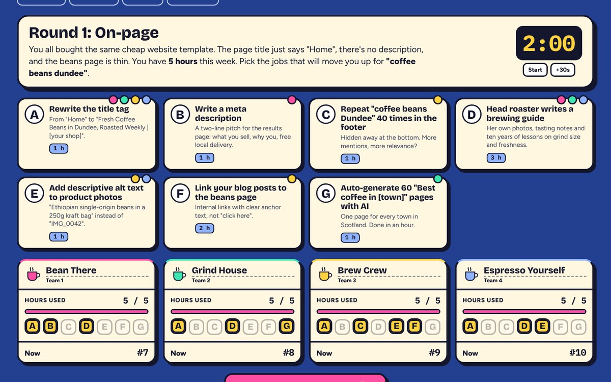 Round 1 screen with seven job cards A to G, their hours, and four team panels with letter buttons and hours bars.