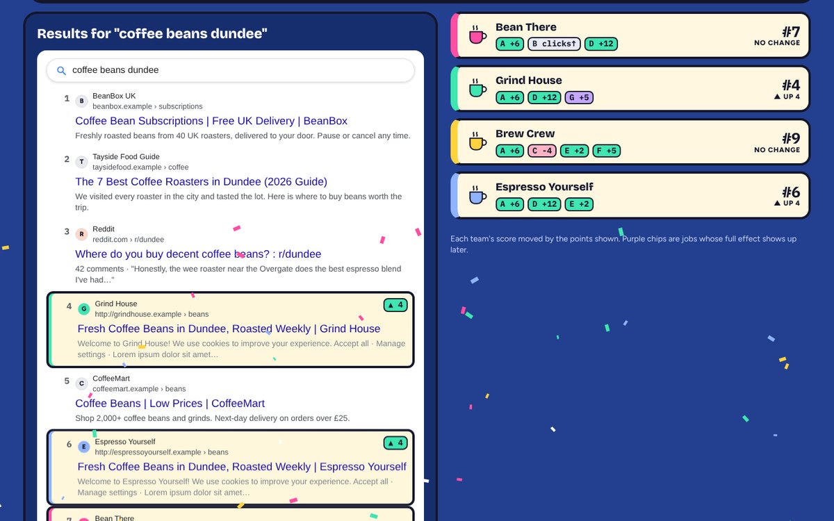 Round 1 results: the mock results page with team listings moved up, and each team's points per job.