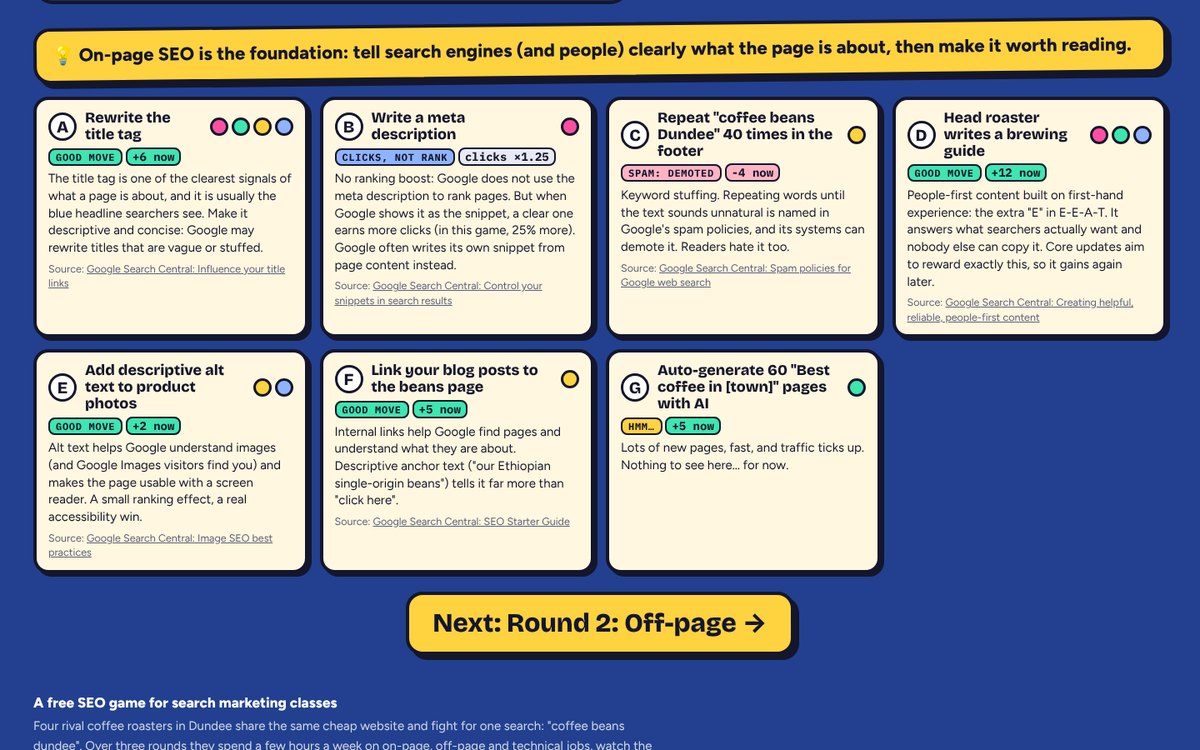The lesson banner and seven verdict cards explaining each job, with sources.