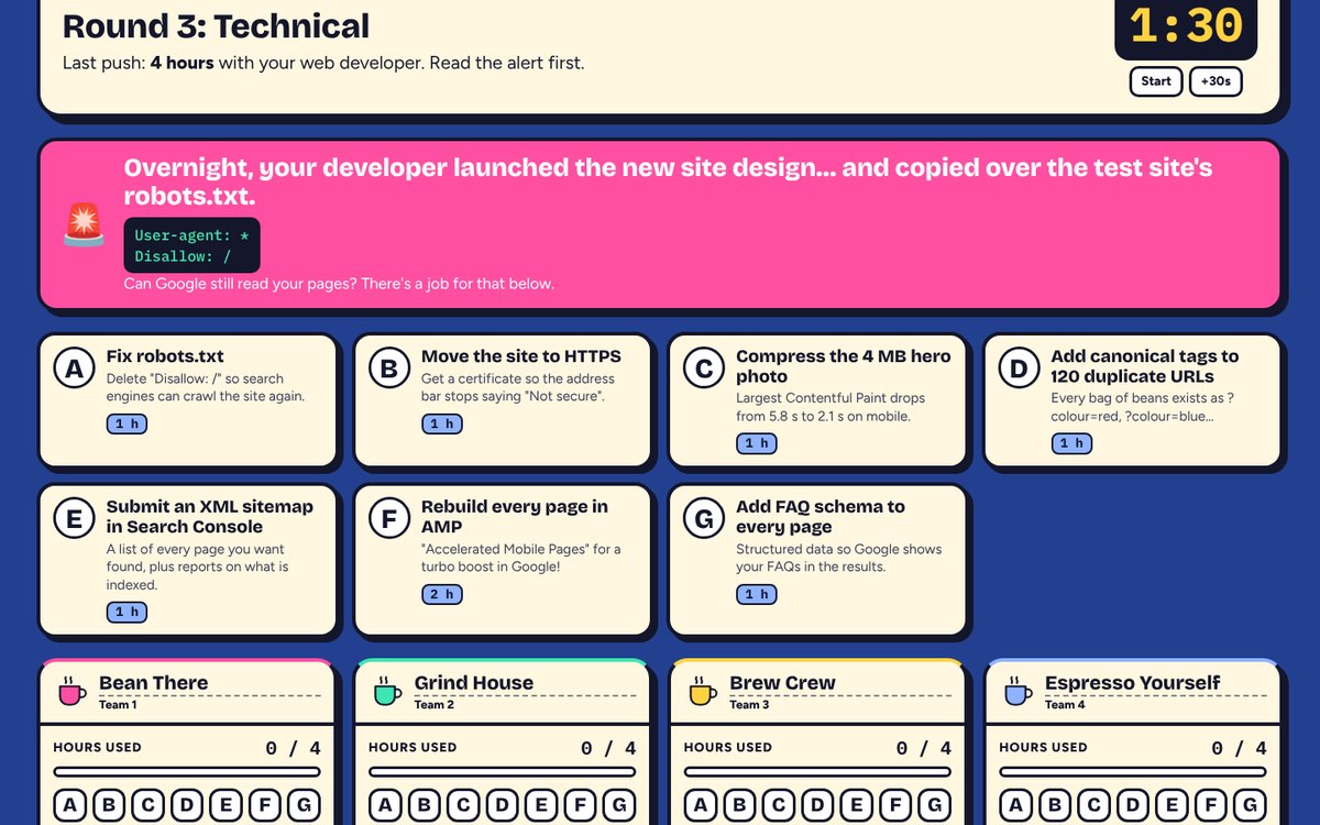 Round 3 with a pink alert: the developer copied the test site's robots.txt, which says Disallow: /.