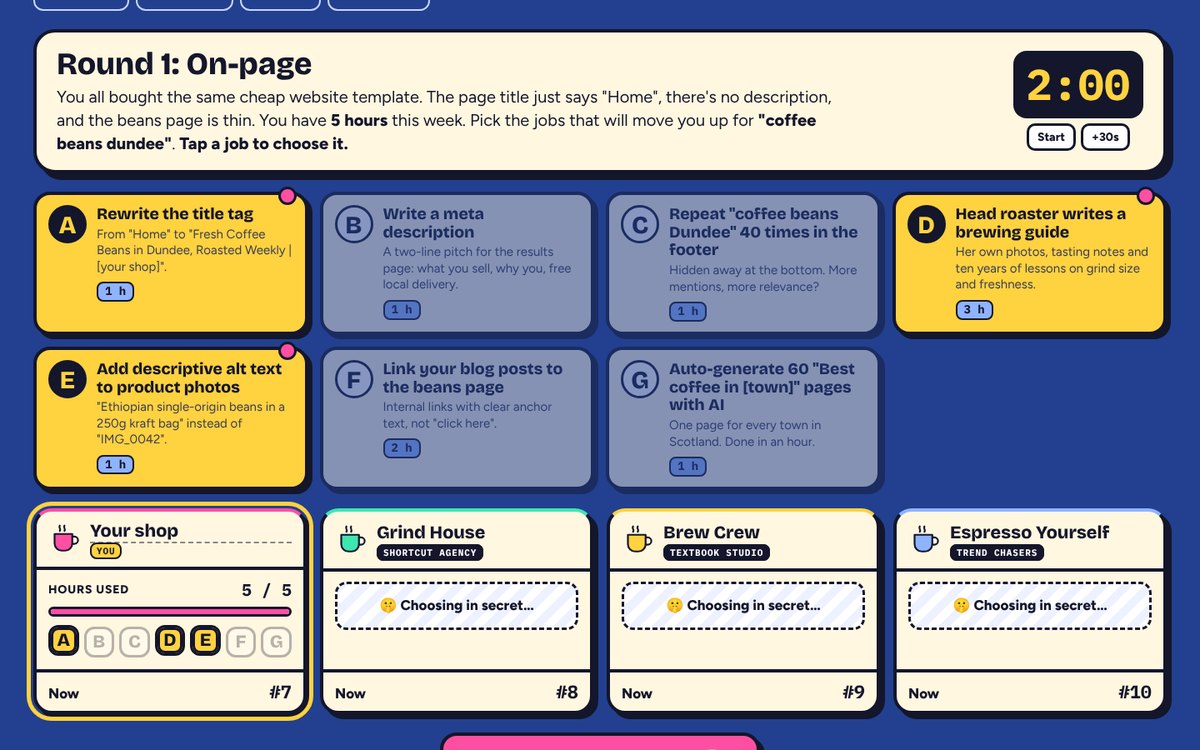 Solo mode: the player taps job cards to choose them; three rival agencies choose in secret.