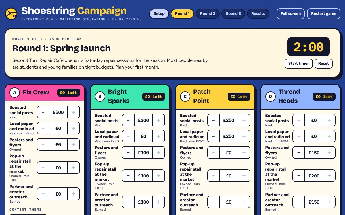 Month 1 planning screen with the brief, a 2:00 clock and four team cards with channel spends, a theme and a claim.