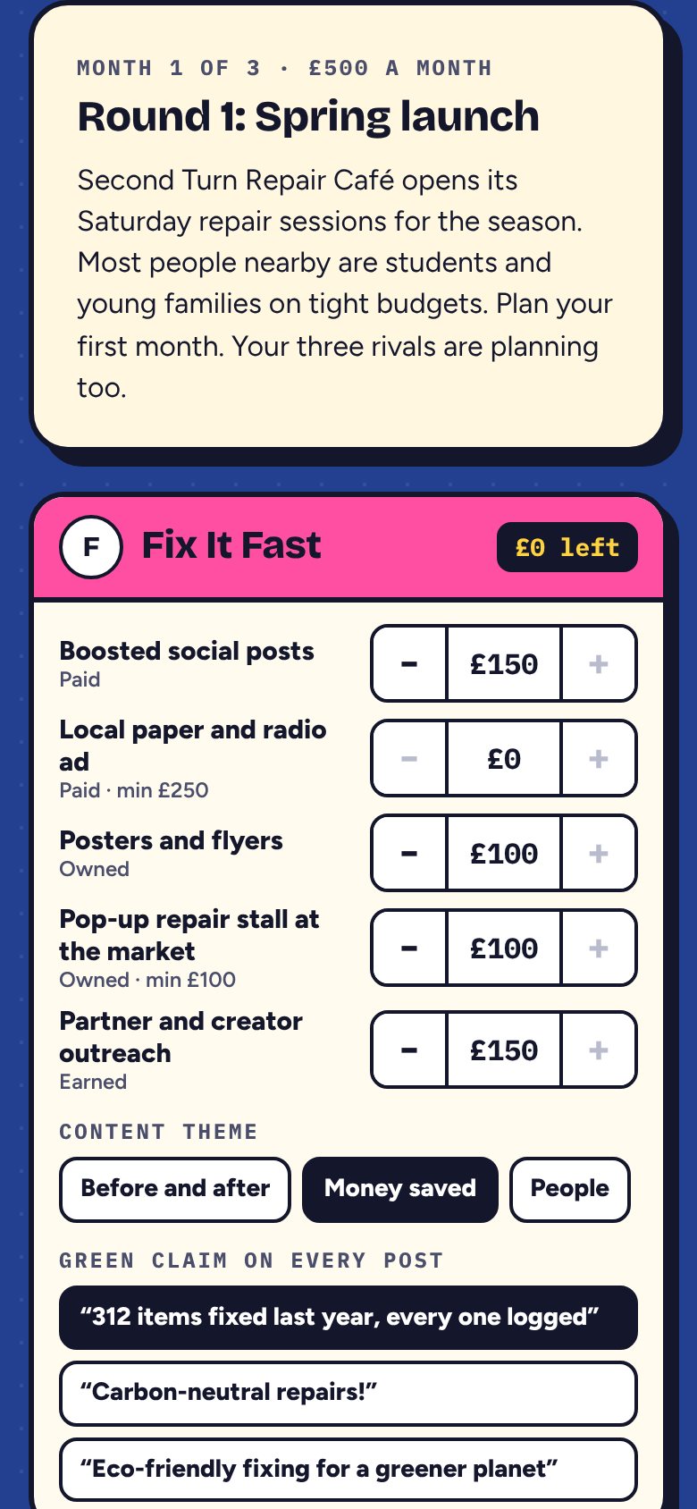 Solo mode on a phone: the player's agency card with channel spends, theme and claim.
