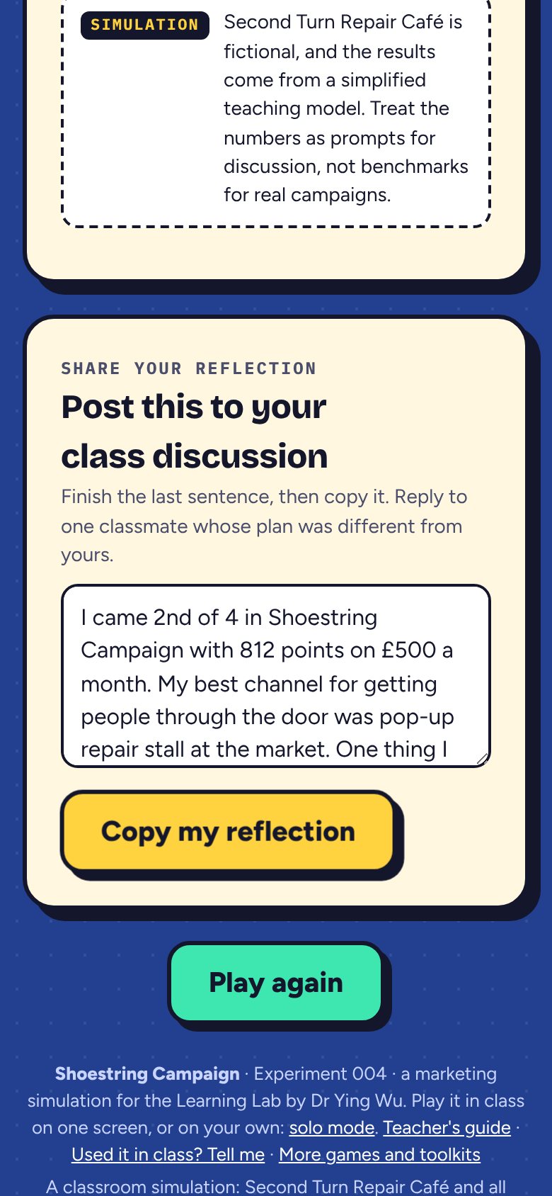 Solo final screen on a phone: the reflection text box with a copy button.