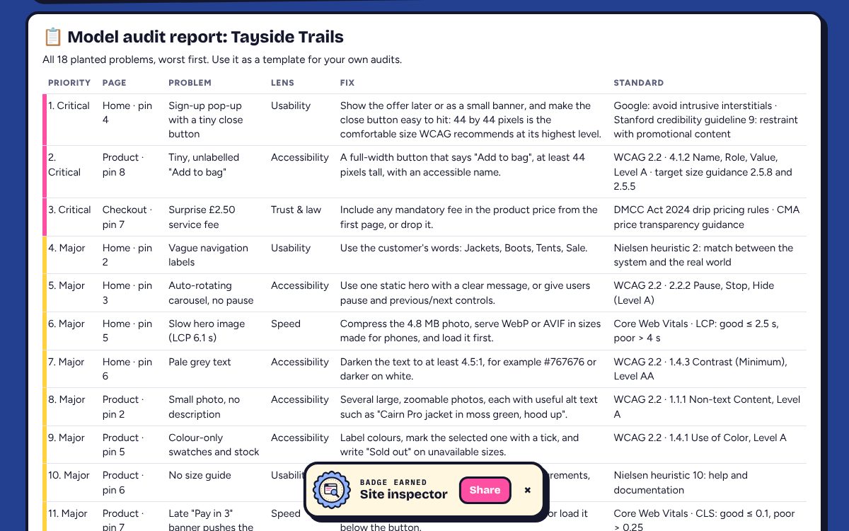 The model audit report: all 18 problems ranked by severity with page, lens, fix and standard, plus copy and print buttons.