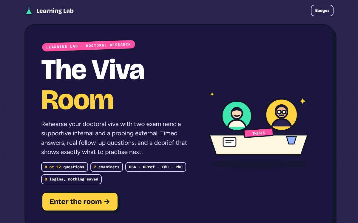 The Viva Room start screen: two examiners at a table with the thesis, and chips for 8 or 12 questions, 2 examiners and no logins.