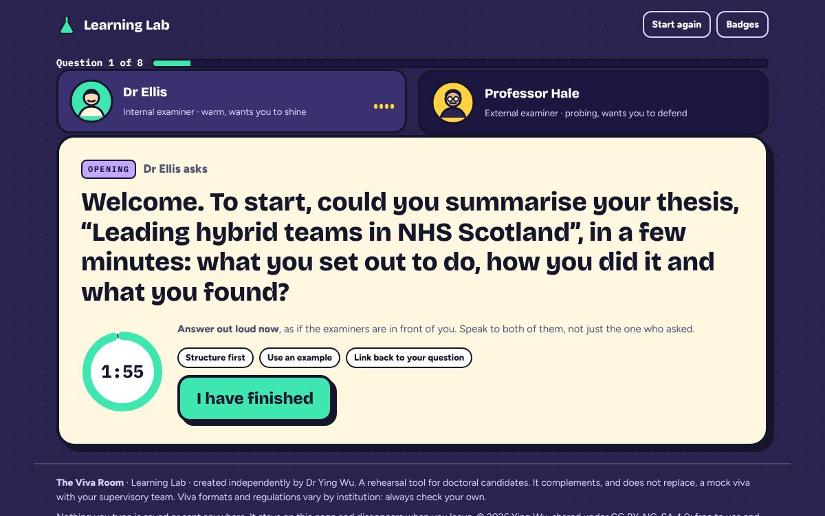 The answer screen with a countdown ring at 1:55, a prompt to answer out loud and three tips: structure first, use an example, link back to your question.