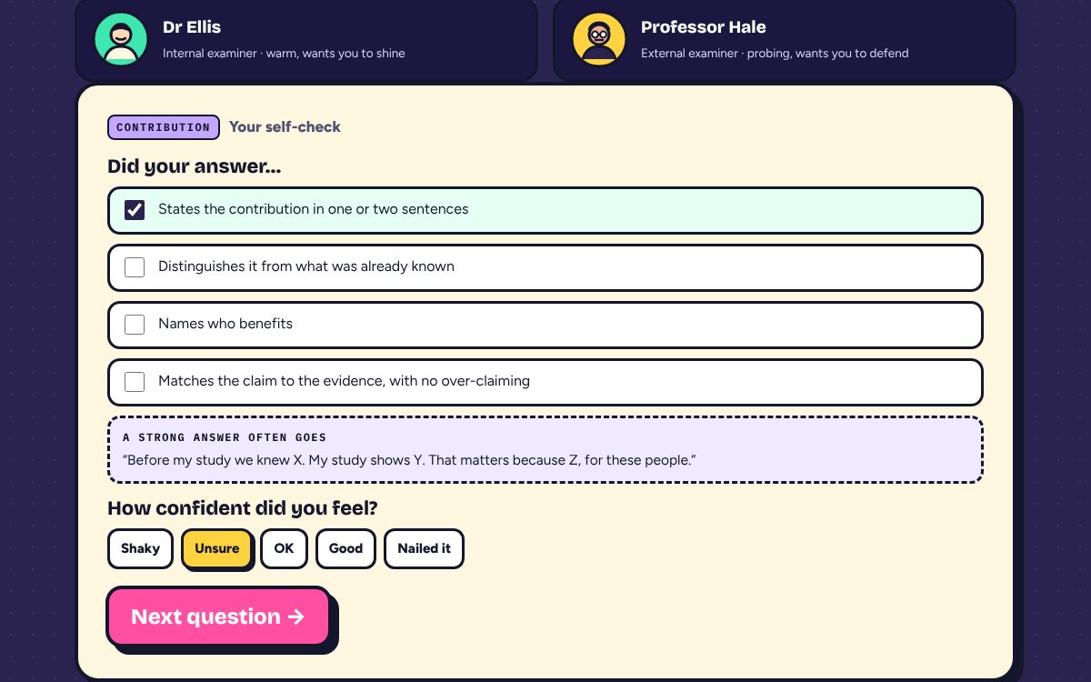 The self-check: four checklist points for the contribution question, a model answer structure and five confidence buttons from Shaky to Nailed it.