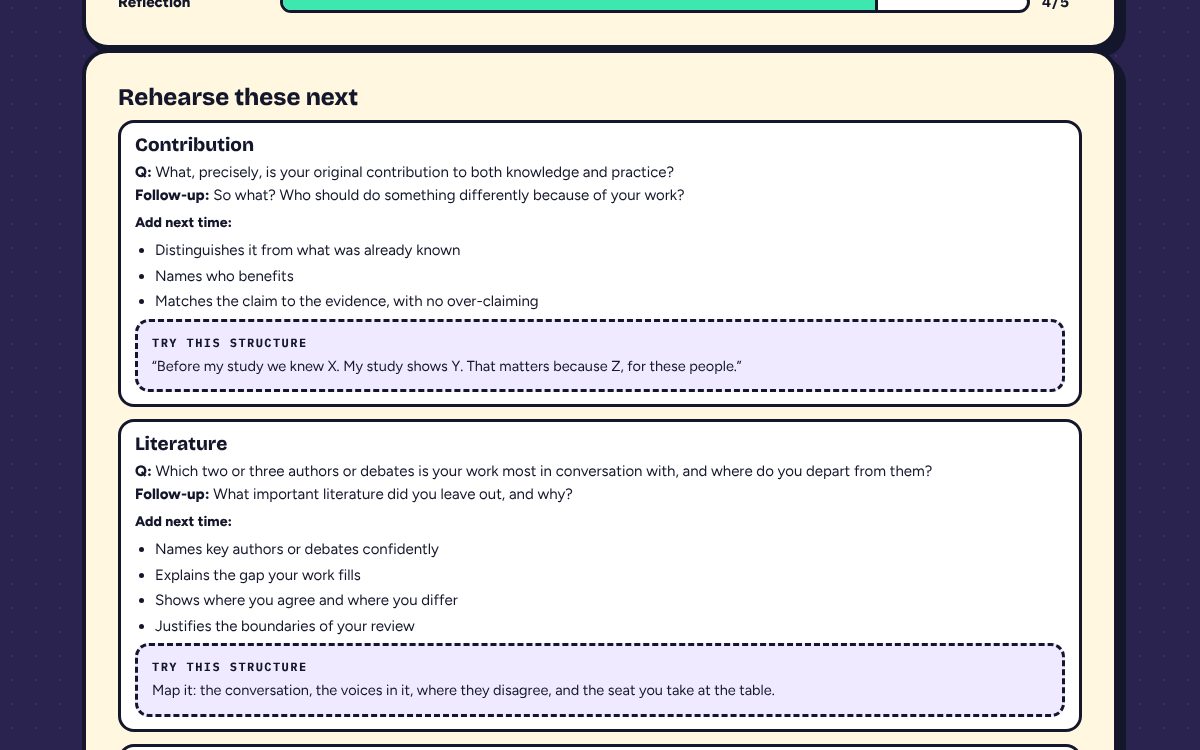 The Rehearse these next section of the debrief, listing the contribution and literature questions with follow-ups, points to add next time and a structure to try.